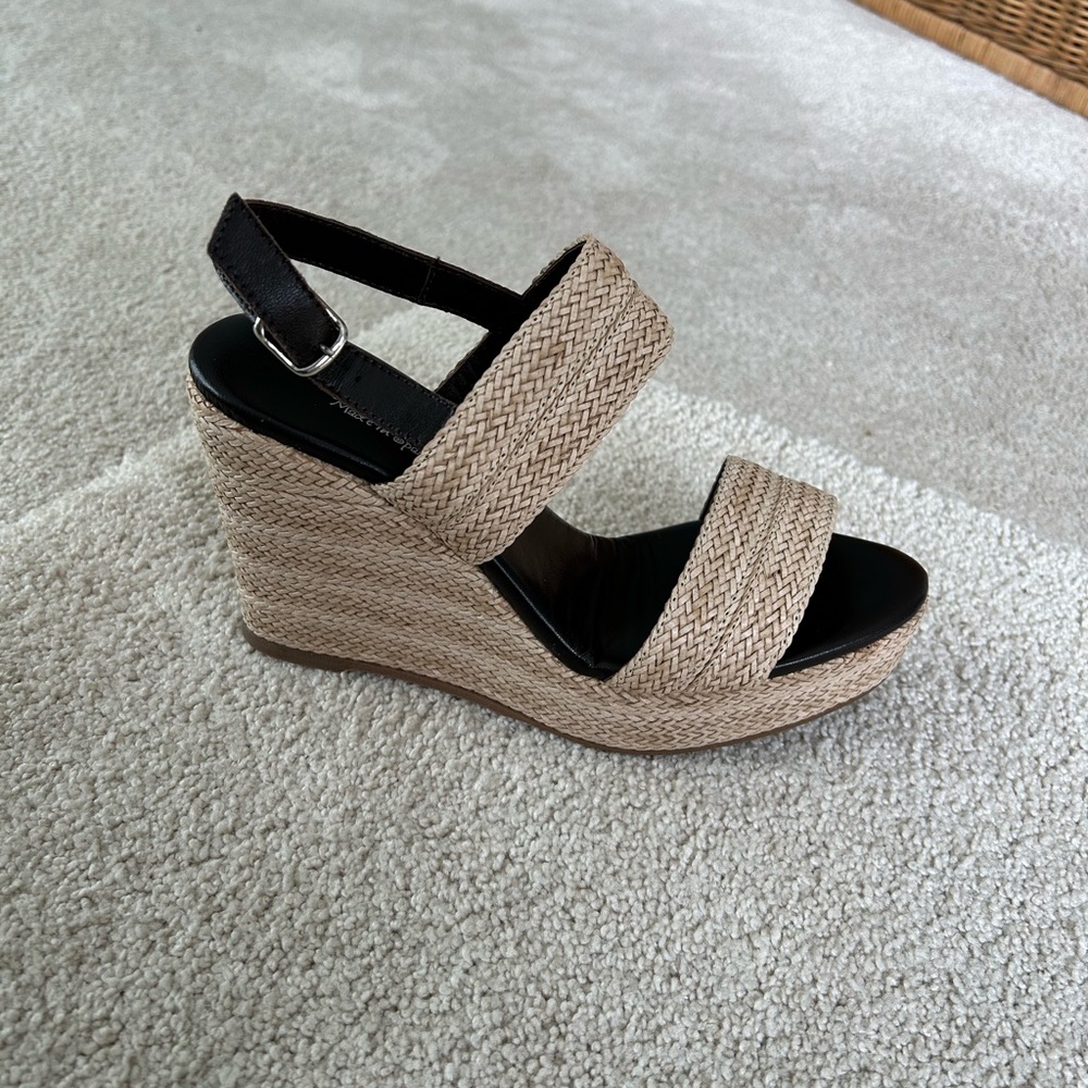 Tan and Black Wedge Shoes with Adjustable Ankle Strap